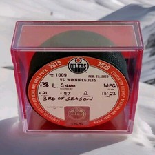 2019 - 2020 LOGAN SHAW GOAL PUCK OFFICIAL NHL GAME PUCK EDMONTON OILERS VS + COA