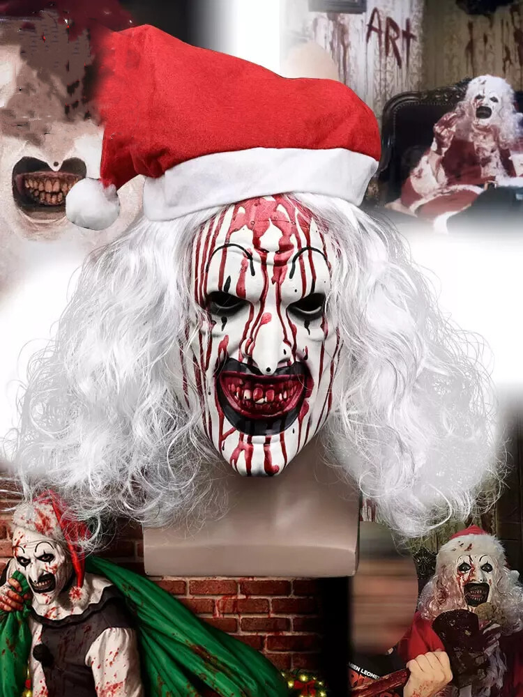 Terrifier Bloody Santa Hat Scary Mask with Wig Cosplay Halloween Latex  Props