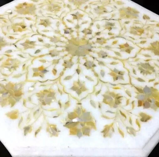 White Marble Coffee Table – Mother of Pearl Inlay Floral Art – Luxury Handmade - Image 4 of 4