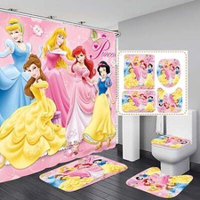 Cartoon Princess 4-Piece Bathroom Set Shower Curtain, Rugs Toilet Lid Cover