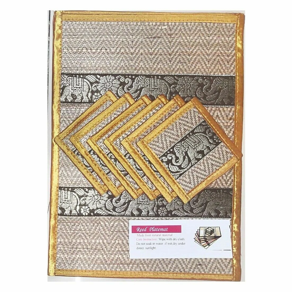 Mats DiningTable Coasters Placemats Kitchen Thai Silk Reed Elephant Round Set 6 - Image 2 of 4