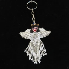 Huichol Beaded Angel Keychain White Silver Keyring Handmade Mexican Folk Art