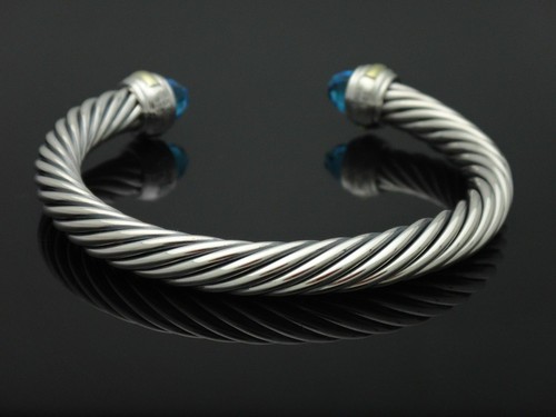 David Yurman Sterling Silver 7mm Blue Topaz And 14K Gold Cable Cuff Bracelet - Picture 3 of 4