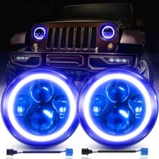 For Jeep Wrangler JK TJ CJ LJ 7" inch Round LED Headlight Blue Halo DRL Light
