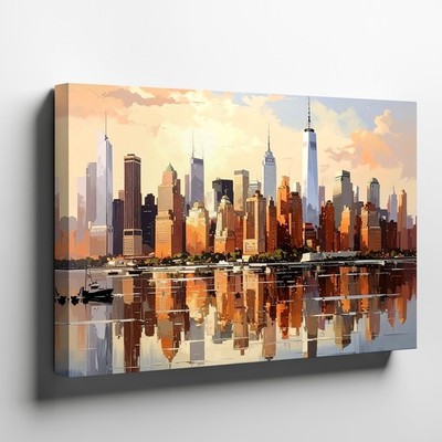 Canvas Wall Art a Digitally Painted City Skyline Reflecting Off a Glass Like