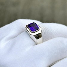 Men 925 Sterling Silver Amethyst Ring Emerald Cut Purple Birthstone Jewelry