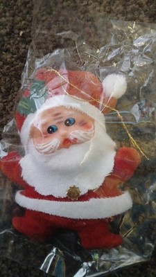 Vintage 60er kleine KITSCH SANTA beflockter Christbaumschmuck Figur neu mit Etikett NOS