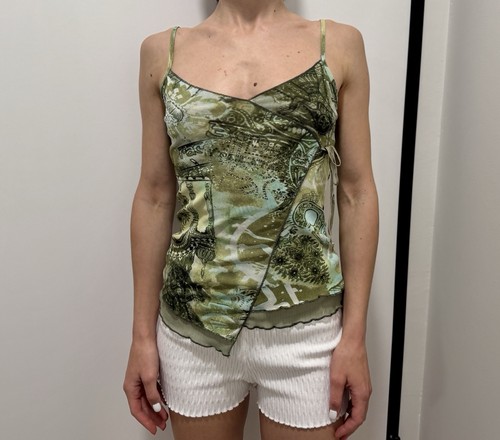 Cache Cache Vintage Mesh Tank Top Strappy Wrap Asymmetric Green y2k 2000`s
