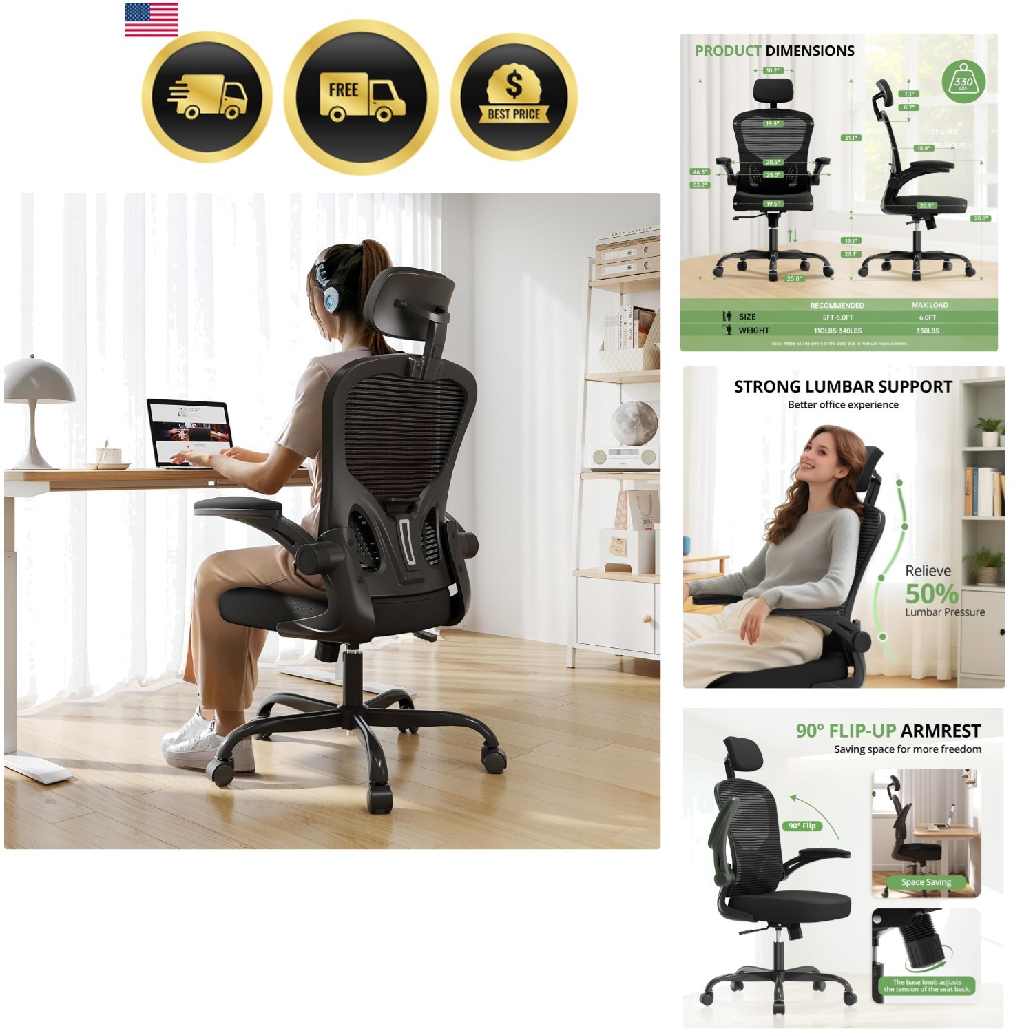 Ergonomic High Back Swivel Mesh Chair With Flip-up Arms Blac