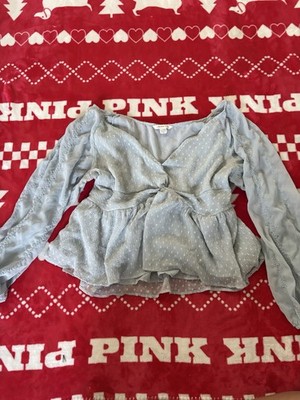 American Eagle Women s Blue Textured V-Neck Tie-Front Long Sleeve Blouse XL