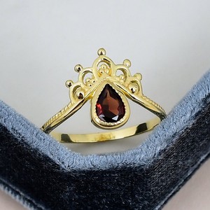 Authentic Garnet Pear Ring 5x7mm January Birthstone Crown Ring Gold Plated for Her