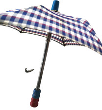 Vintage Doll Cloth Umbrella Parasol Blue Plaid Red Fabric Wooden Handle Japan