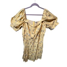 Reformation Floral Mini Dress Yellow Puff Short Sleeve Smocked Casual Size 16