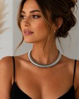Silver Tone Wide Coil Choker Necklace Statement Collar Fashion Jewelry Women
