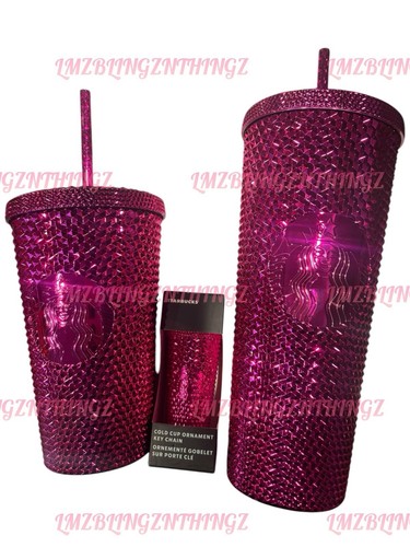 Starbucks US 2022 Pink Sangria Bling Studded 24oz/16oz & Keychain Set~RARE~BNWT - Picture 11 of 11