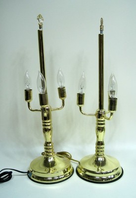 Set of 2 -Vintage Bouillotte Brass Table 3 Way Lamps Triple Candelabra Touch