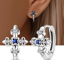 PANDACH 925 Sterling Silver Baroque Style Cross Huggie Hoop Earrings Women Men