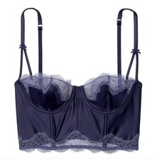 Victoria's Secret Balconet Bra 36DD Navy Blue Lace Satin Dream Angels Corset Top