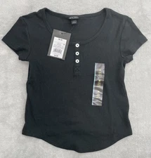 Art Class Ribbed Henley Top Girls M Black Short Sleeve Button Front