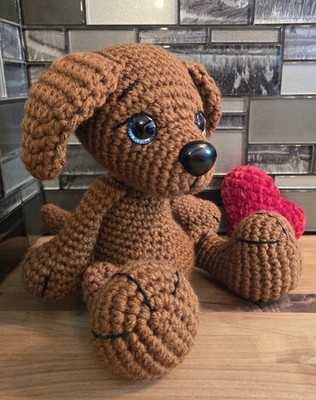 Crochet Puppy Dog 10'' Tall W/ Heart Amigurumi Handmade Cute Sparkle Eyes