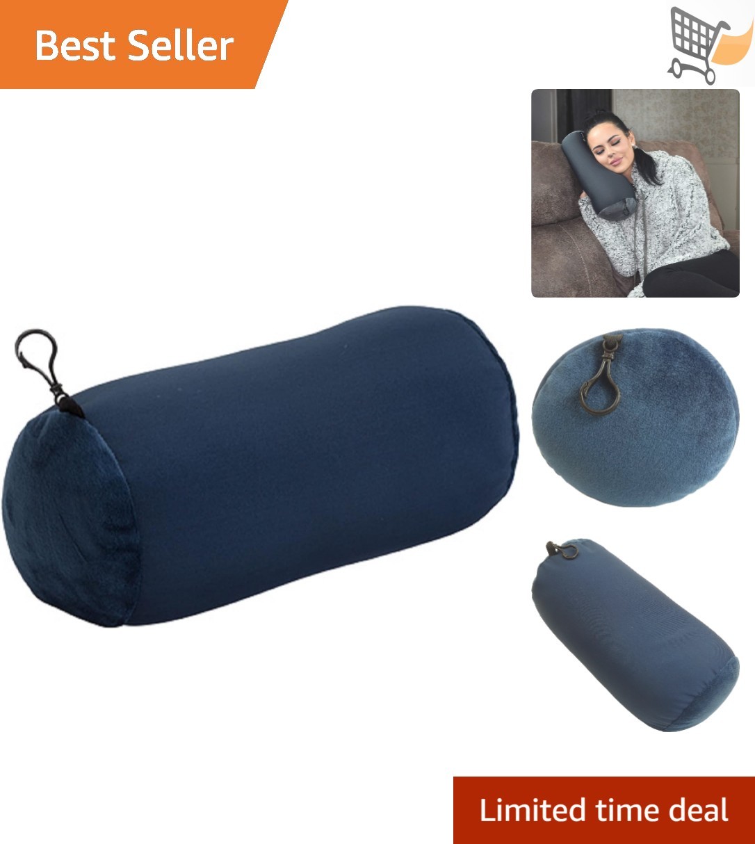 Compact Microbead Travel Pillow with Lumbar Support and Neck Roll in Blue-image