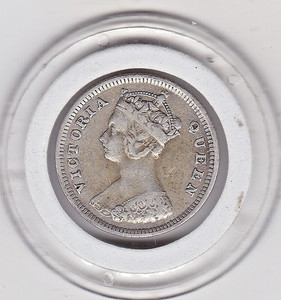Sharp  1894  Hong  Kong  10   Cent   Silver,  80%   Coin  (Queen  Victoria )