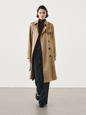 Massimo Dutti Womens Tan Belted Trench Coat Size Small