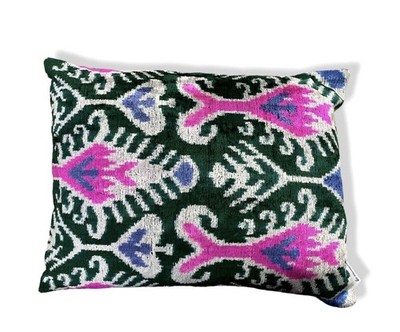 $215 Les Ottomans Green Pink Silk Velvet Reversible Throw Cushion Décor Pillow