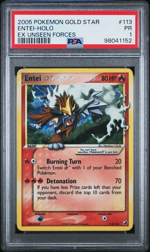 Pokemon Entei Holo Unseen Forces 113/115 Gold Star PSA 1