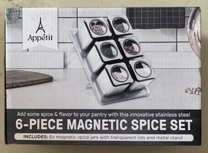 NEW Appetit Six 6 Piece Magnetic Spice Jars Transparent Lids Stainless Steel SS