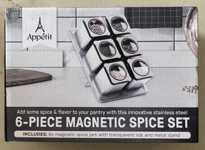 NEW Appetit Six 6 Piece Magnetic Spice Jars Transparent Lids Stainless Steel SS
