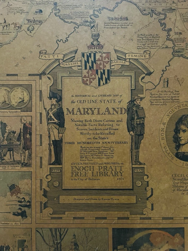 1956 Вторичный Принт 1931 300-летие Hist. Живописная карта Мэриленда  - Изображение 2 из 4