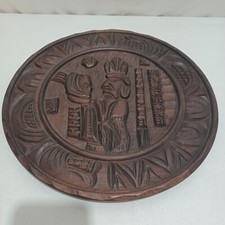 Vintage hand carved wood native tribal wall decor dark round 13.5"