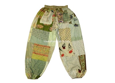 Green Patchwork Harem Pants, Boho Hippie Harem Pants, Wide Leg Bohemian Pant