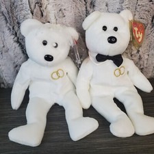 TY Beanie Babies Mr  Mrs Bride  Groom Bears 2001 w/Bowtie, Veil, Rings TAGS