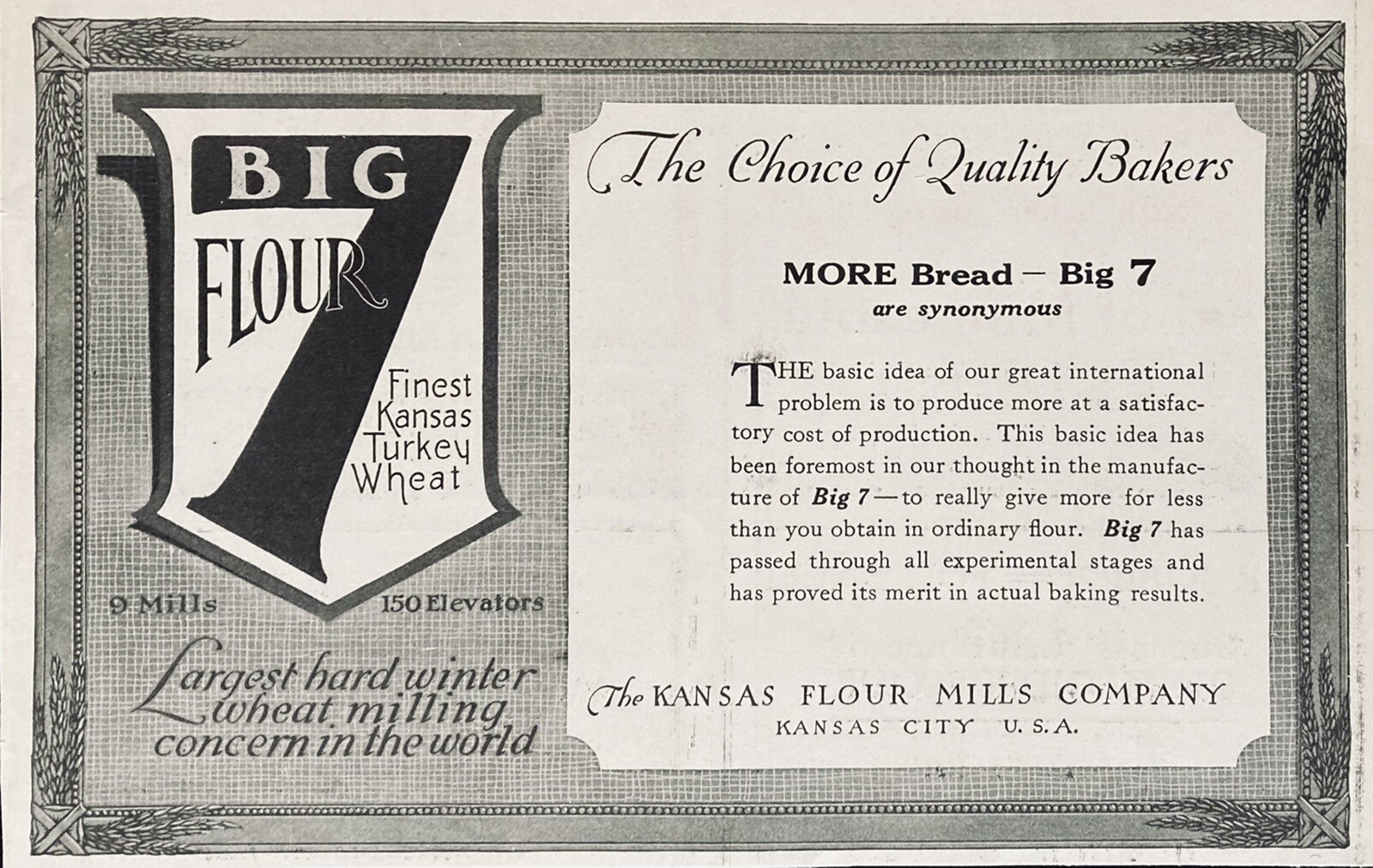 1919 AD.(XH32)KANSAS FLOUR MILLS CO. BIG 7 FLOUR, FINEST KANSAS TURKEY