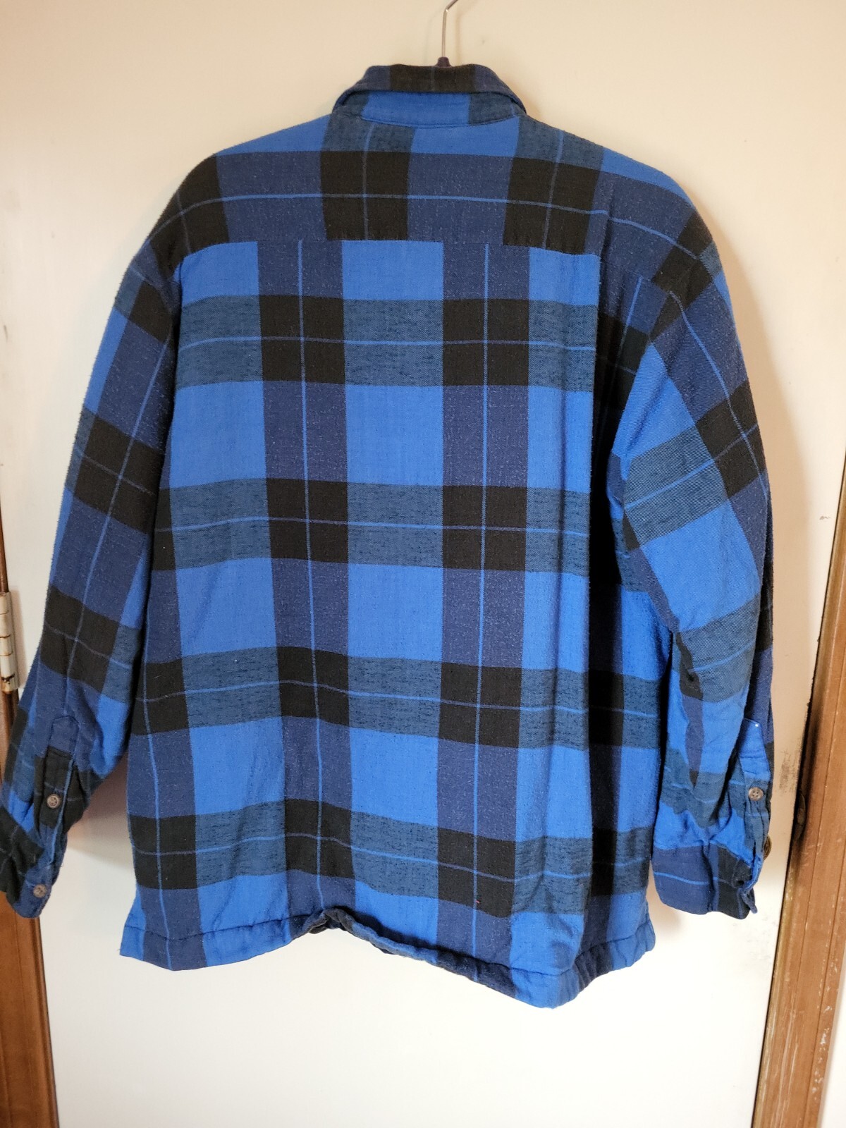 Vintage Gulf Bay Trading Co Blue, Black Plaid Flannel Shirt Jacket Large Quilted