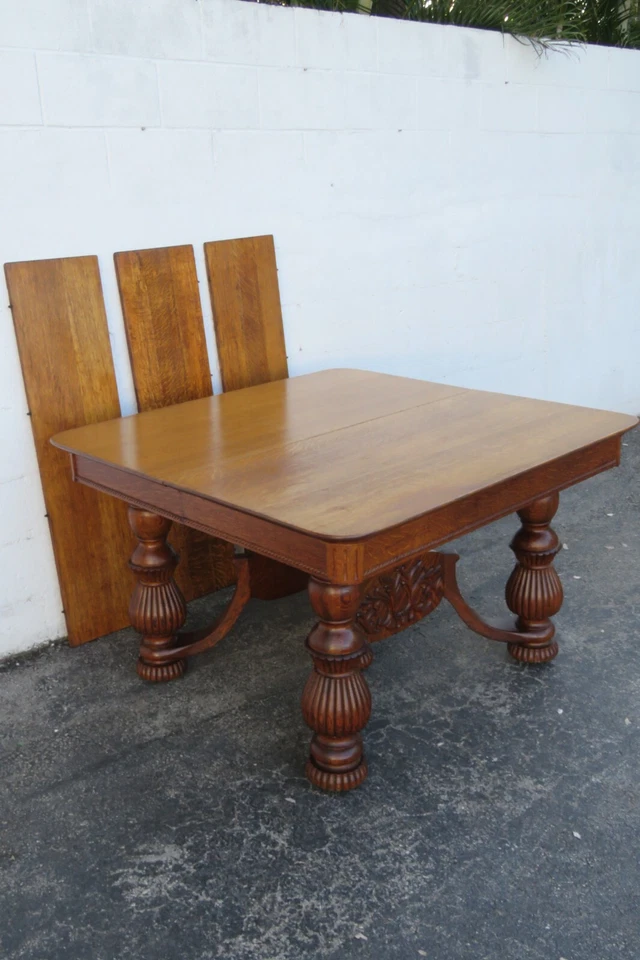 Victorian 1880s Tiger Oak Heavy Carved Dinette Dining Table and 3 Leaves 5754 - Image 2 of 4