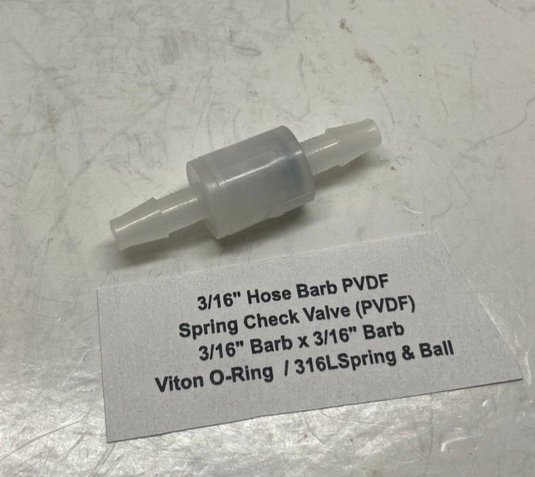 3/16" Hose Barb PVDF Spring Check Valve (3/16" Barb x 3/16" Barb) Viton / 316L