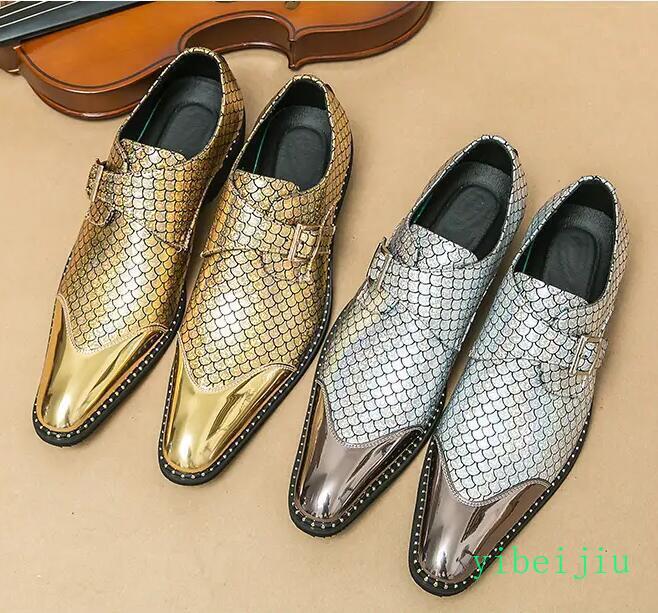 silver and gold dress shoes Mens Business Monk Strap Shiny Leather Wedding Scalloped Wedding Bar GL-08.18.25