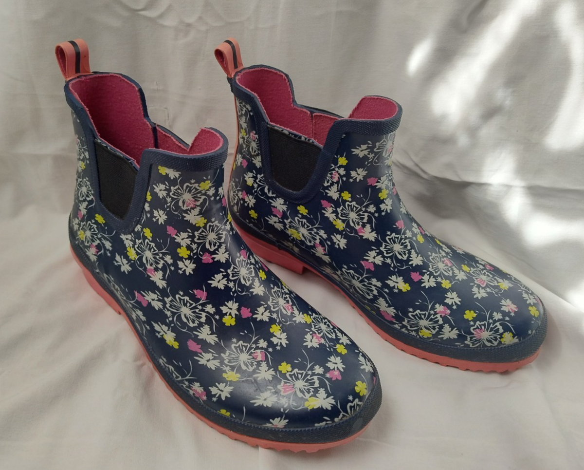 Aldi Gardenline ladies navy and pink floral ankle wellington welly boots,  size