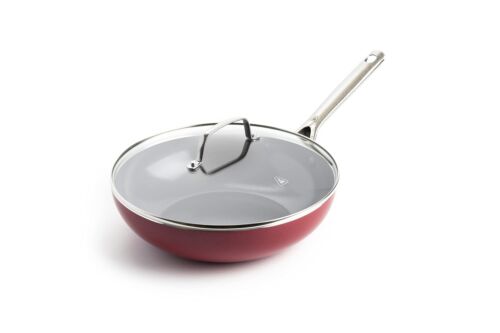 Textured Ceramic Nonstick 11"Flat Bottom Wok Stir-Fry Pan with Lid for High Heat