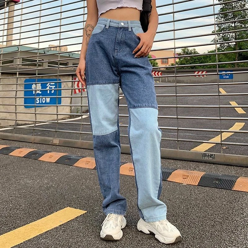 Straight Women Jeans Patchwork Baggy Vintage High Waist Denim Streetwear Female