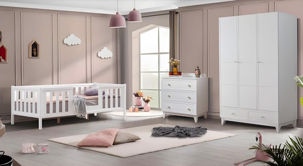 Kinderzimmer 3Tlg MöBel Komplettzimmer Kinderbett Weiß Kleiderschrank Kommod-image