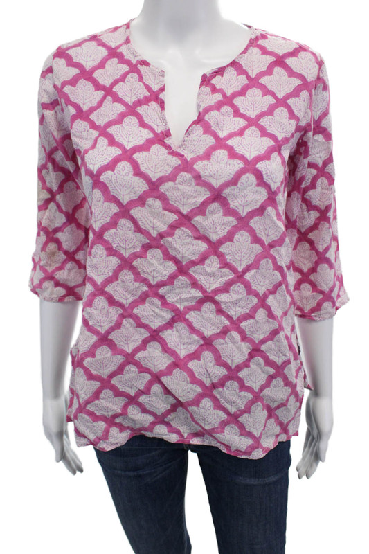 Roberta Roller Rabbit Womens Floral Print Blouse Pink White Cotton Size 10