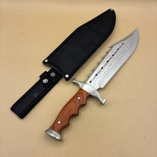 15" Tactical Combat Fixed Blade Bowie Knife w/ Sheath Wood Handle