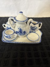 VINTAGE 1970'S MINIATURE CERAMIC TEA Set BLUE FLORAL/ WINDMILL Cup Missing