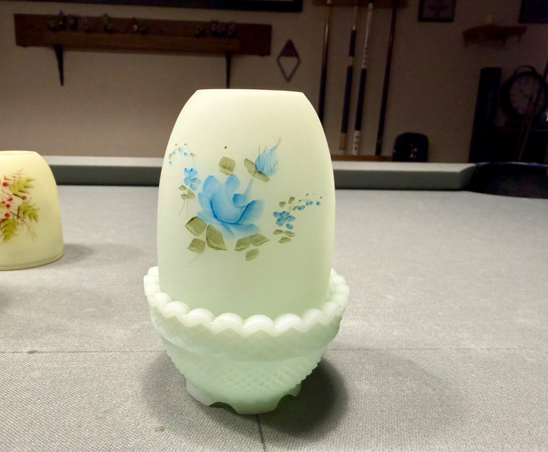 Vintage Fenton Satin Custard Fairy Lamp Hand Painted Blue Roses