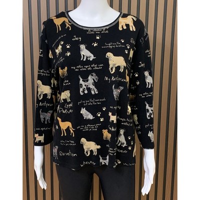 Jess & Jane Black Cotton Dog Print Long Sleeve Top My Best Friend XL Made in USA