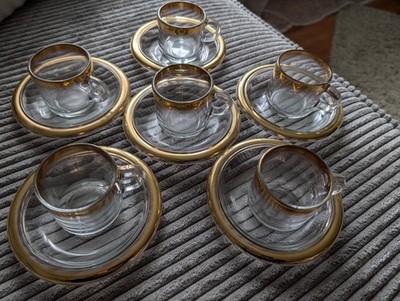 Bormioli Rocco 6 x  Espresso Tassen Glas Goldrand Untertasse